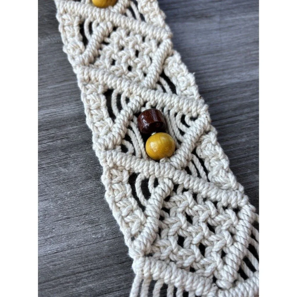 Crochet Belt Ivory Macrame Fringe Wooden Beads Size S